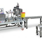 Single Head Semi-Automatic Net Weight Liquid Filler with Roller Closer and Crimp Closer for Cans up to Pails. Pints up to 5 Gallons. Also Shown Remote Flush Station and Additional Manifold Cart.