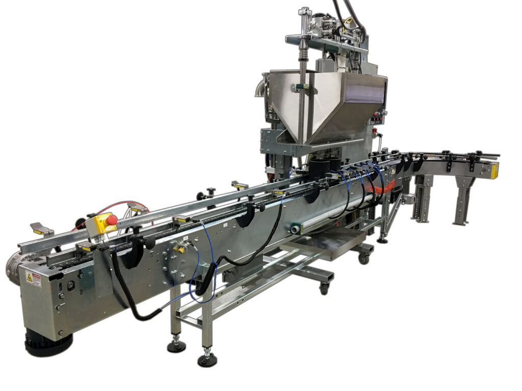 2-Head In-line Automatic Net Weight Filling & Closing Machine for 1/2 Pint to Gallon Containers with DFS Fill Cart