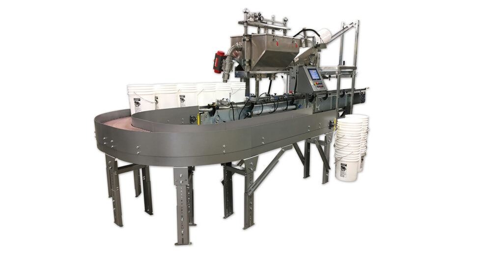 2 - Head In- line Automatic Net Weight Pail Filling & Closing Machine for 1/2 Pint to Pails with DFS Fill Cart