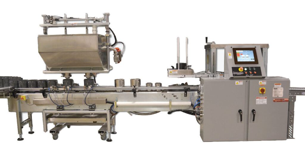 2-Head Automatic Filler for Pint up to Gallon Cans. Direct Fill System Gravity Filler