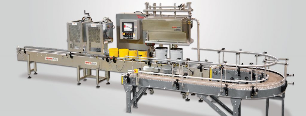 2 Head Automatic Filler for Metal Pails. Shown with Dual Metal Lid Closers and DFS Cart.