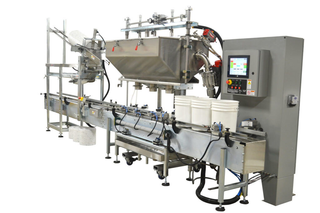 3 Head Filler with DFS Cart. 5 Gallon Plastic Pails with Automatic High Speed Lid Placer