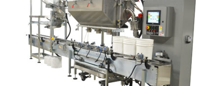 3 Head Filler with DFS Cart. 5 Gallon Plastic Pails with Automatic High Speed Lid Placer