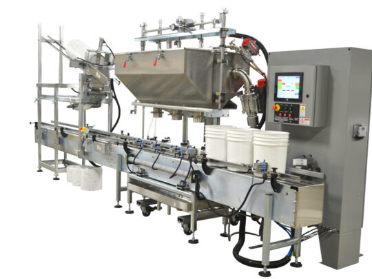 3 Head Filler with DFS Cart. 5 Gallon Plastic Pails with Automatic High Speed Lid Placer