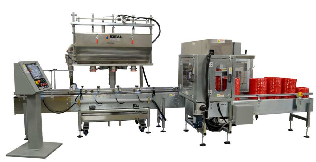 3 Head Automatic Liquid Filler with DFS Cart. Auto Orienting Lid Placer