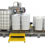 Inside Fill Semi-automatic net weight liquid filler for Totes and drums with optional Ground Interlock
