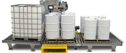 Inside Fill Semi-automatic net weight liquid filler for Totes and drums with optional Ground Interlock