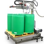 Stainless Steel Inside Fill Net Weight Semi-automatic Filler featuring a proportioning nozzle.