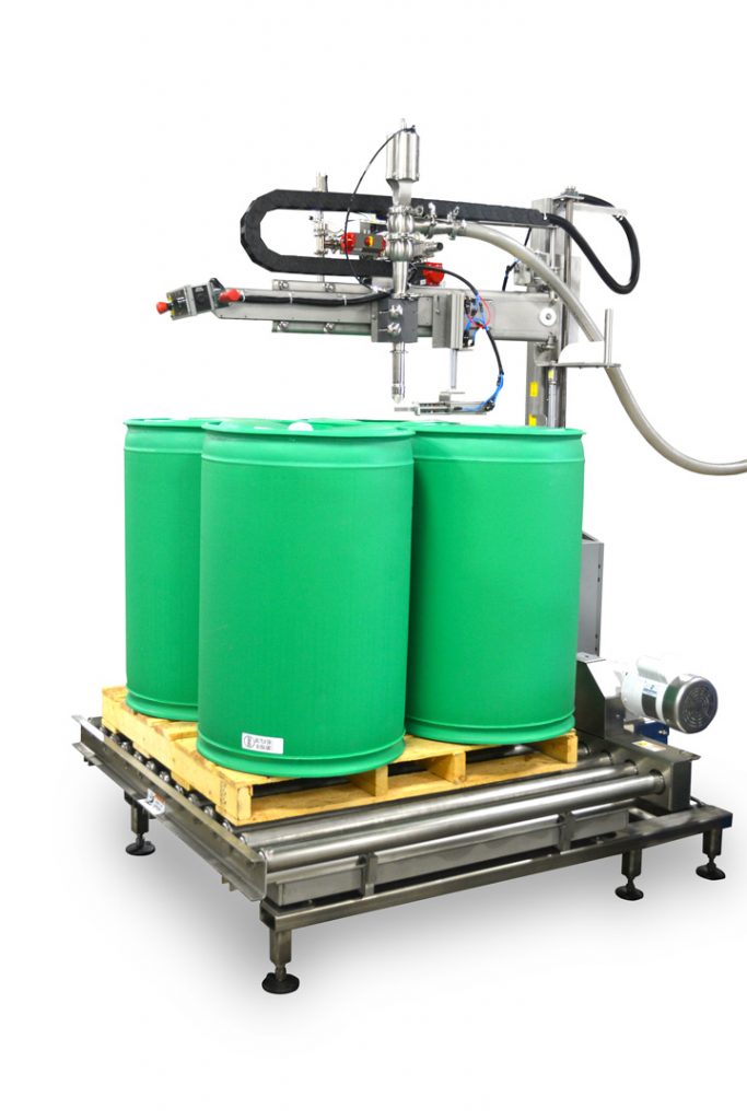 Stainless Steel Inside Fill Net Weight Semi-automatic Filler featuring a proportioning nozzle.