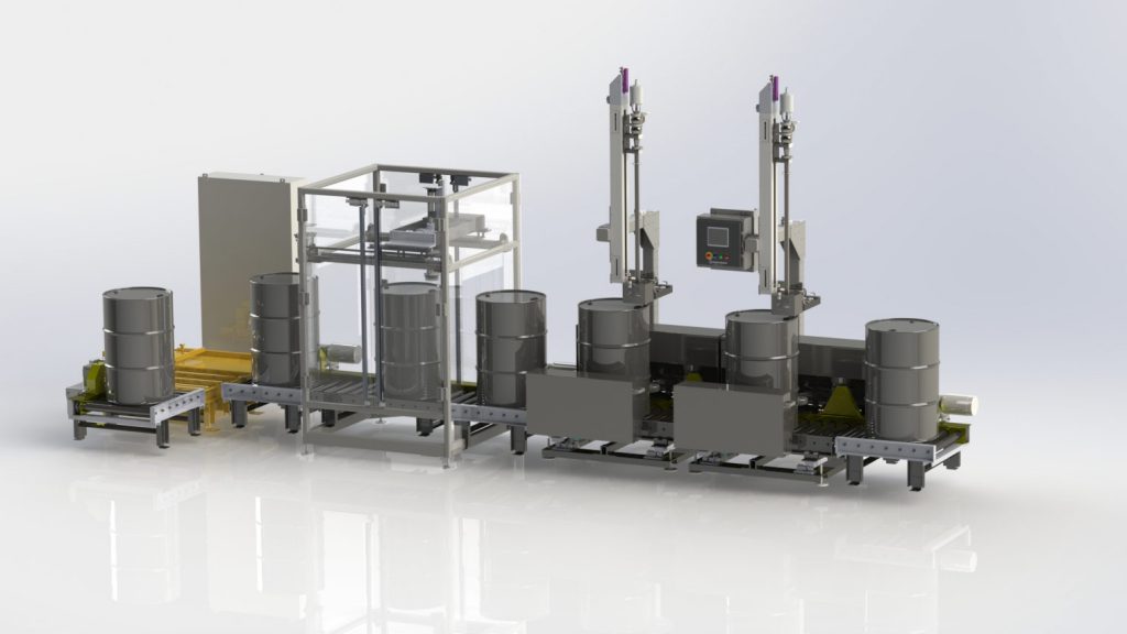 Automatic Drum Filling line with auto bung location, auto filling and auto bung attachment.