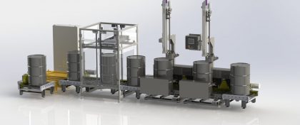 Automatic Drum Filling line with auto bung location, auto filling and auto bung attachment.
