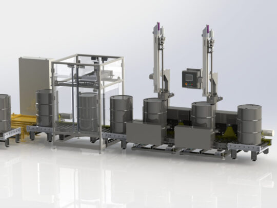 Automatic Drum Filling line with auto bung location, auto filling and auto bung attachment.