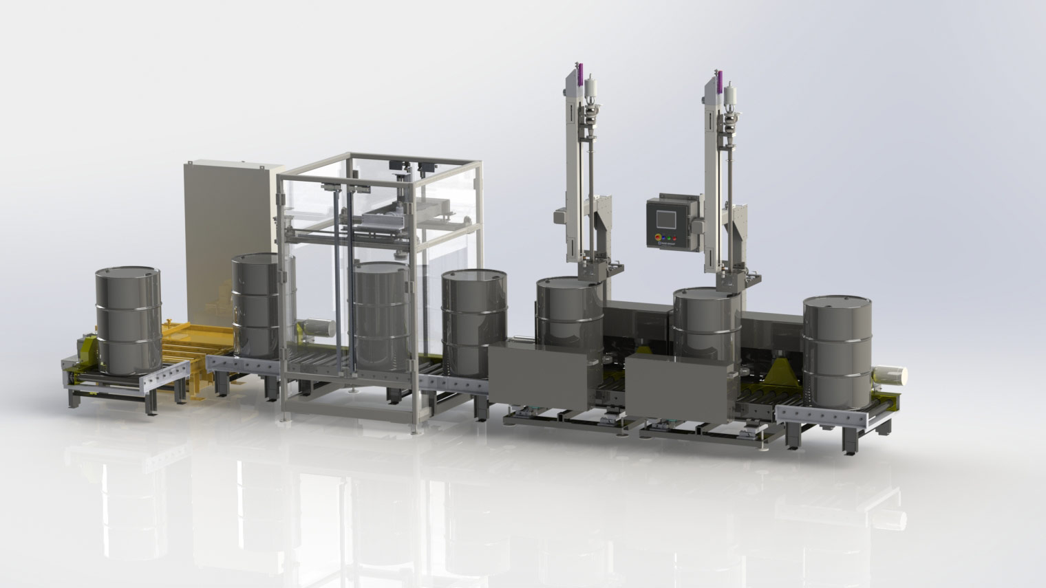 Automatic Drum Filling line with auto bung location, auto filling and auto bung attachment.