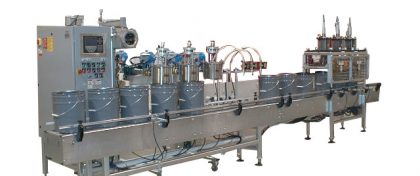 3-Head In-lineAutomatic Net Weight Filling & Crimp Closing Machine for Gallon to Pail Containers with DFS Fill Cart