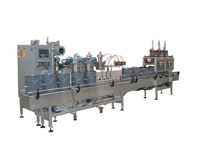 3-Head In-lineAutomatic Net Weight Filling & Crimp Closing Machine for Gallon to Pail Containers with DFS Fill Cart